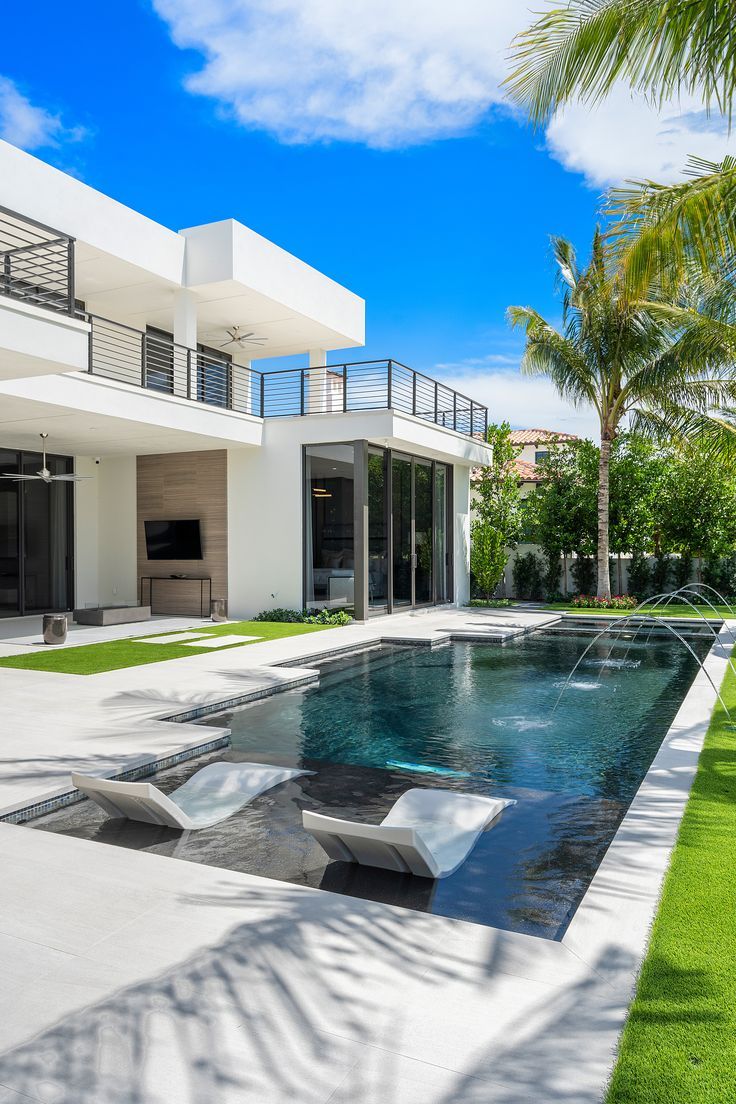 Modern outdoor living space with integrated pool feature